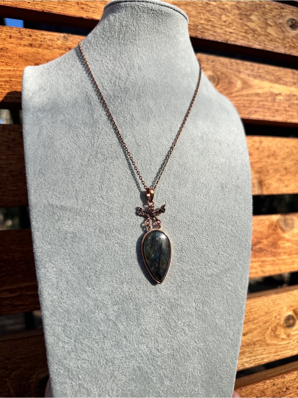 Unique Gothic Coppertone Teardrop Labradorite with Bat Accents Pendant Necklace